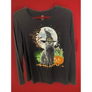 Gildan Halloween Black Cat Costume Witch Hat & Moon Unisex Form T-Shirt